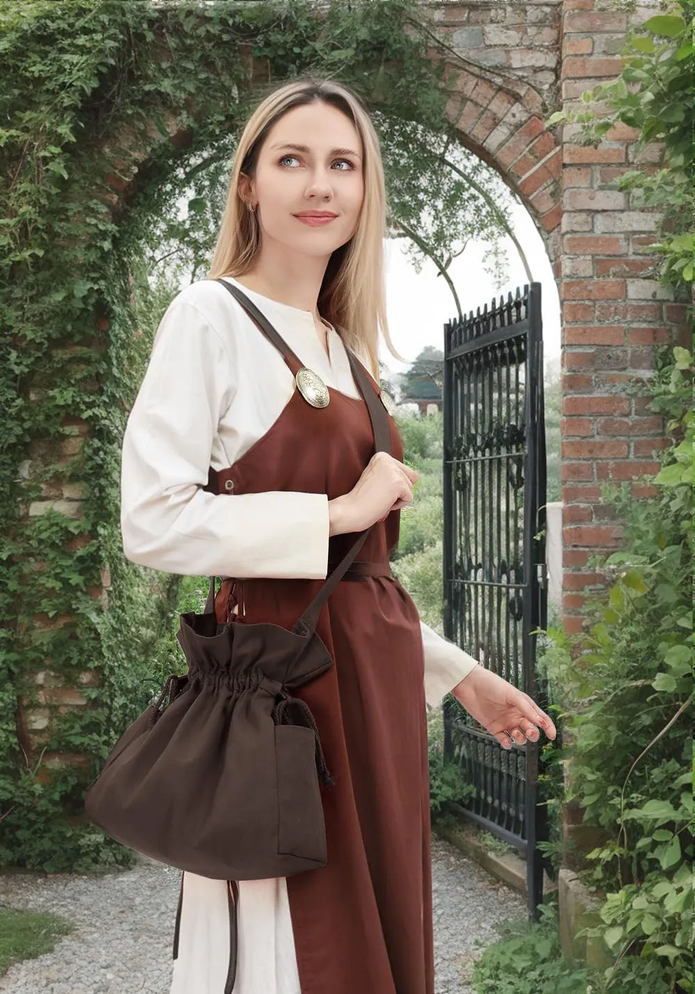 FURPHI Medieval Drawstring Bag Canvas Shoulder Bag with Side Pockets Renaissance Costume Accessories for Ren Faire LARP (Brown)