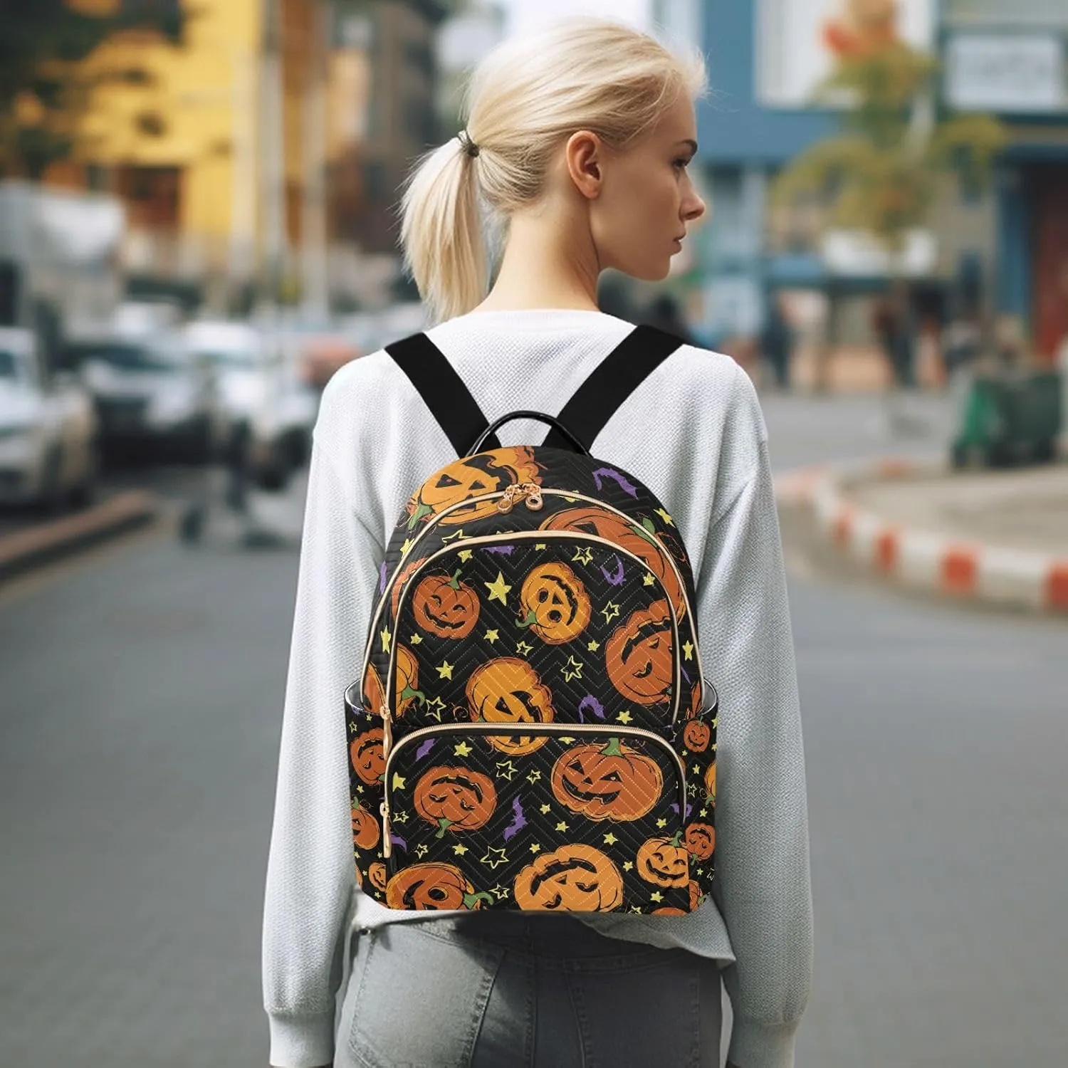 GAIGEO Festive Halloween Pumpkins Ladies Fashion Backpack, Daily Backpack, Summer Backpack, M