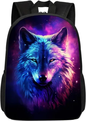 Galaxy Wolf Backpack for Boys Kids, Cool Wolf Blue Purple Starry Sky Laptop Backpacks, Animal Print Book Bag for Kindergarten Elementary School, Casual Lightweight Travel Daypack 17"