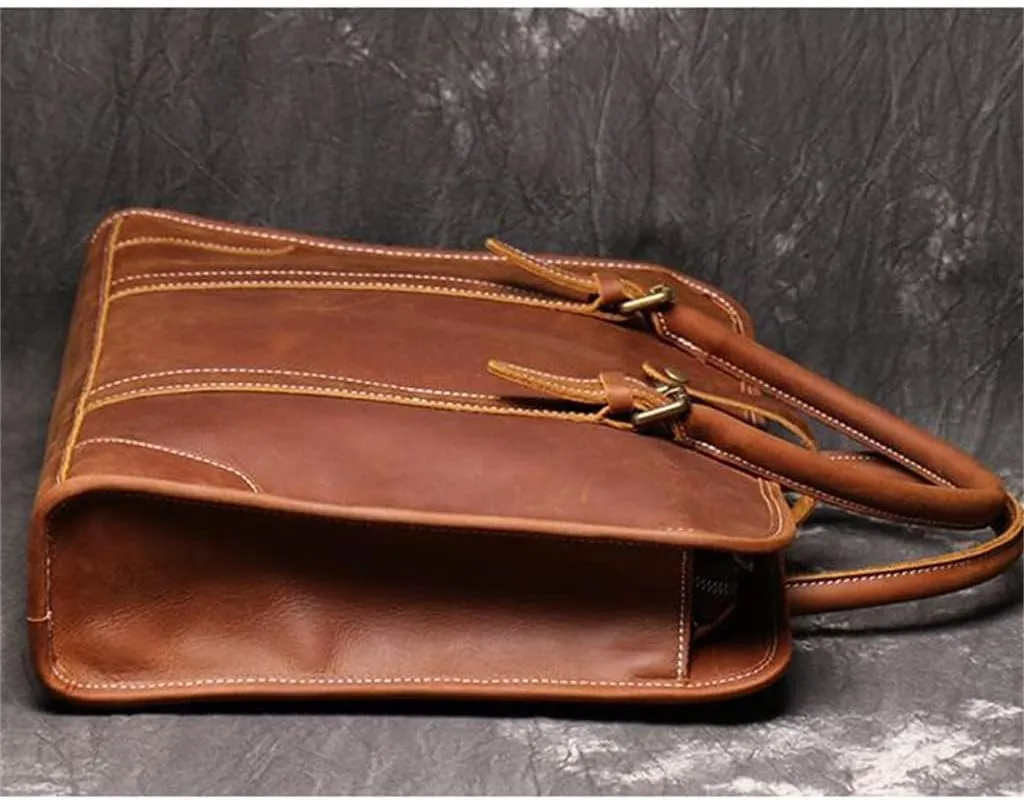 Genuine Leather Handheld Men's Briefcase Shoulder File Bag Handmade Cross Computer Bag