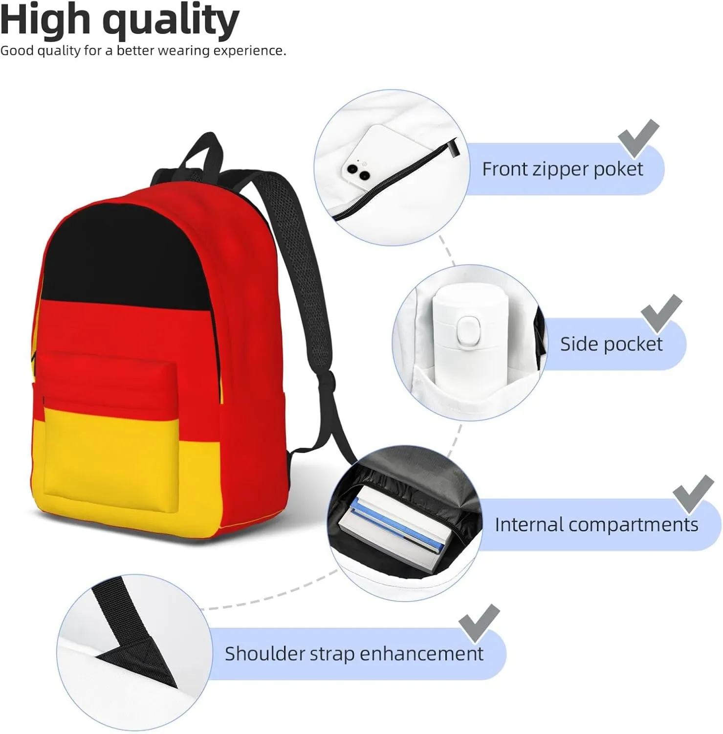 German flag print Backpack Travel Backpacks for Women Men College Backpack Computer Bag for Travel