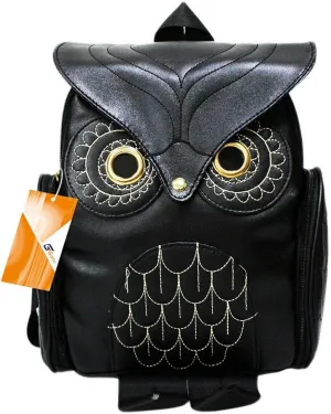 GinTai Women Pu Leather Owl Cartoon Backpacks Fashion Casual Satchel mini Small black Backpack, Black