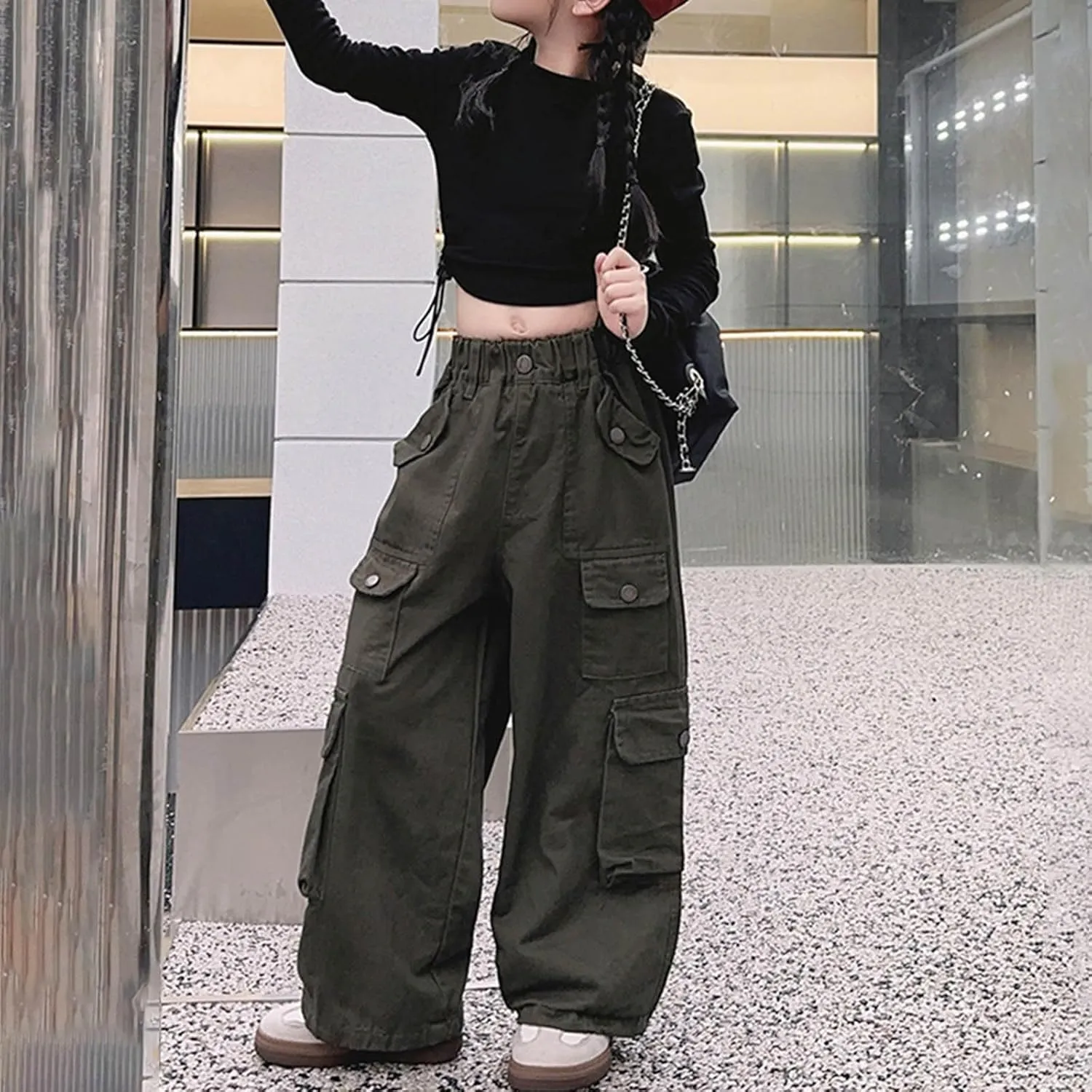 Girls Cargo Long Pants Baggy Wide Leg High Waist Buttons Trousers Kids Multi Pockets Vintage Streetwear Sweatpants