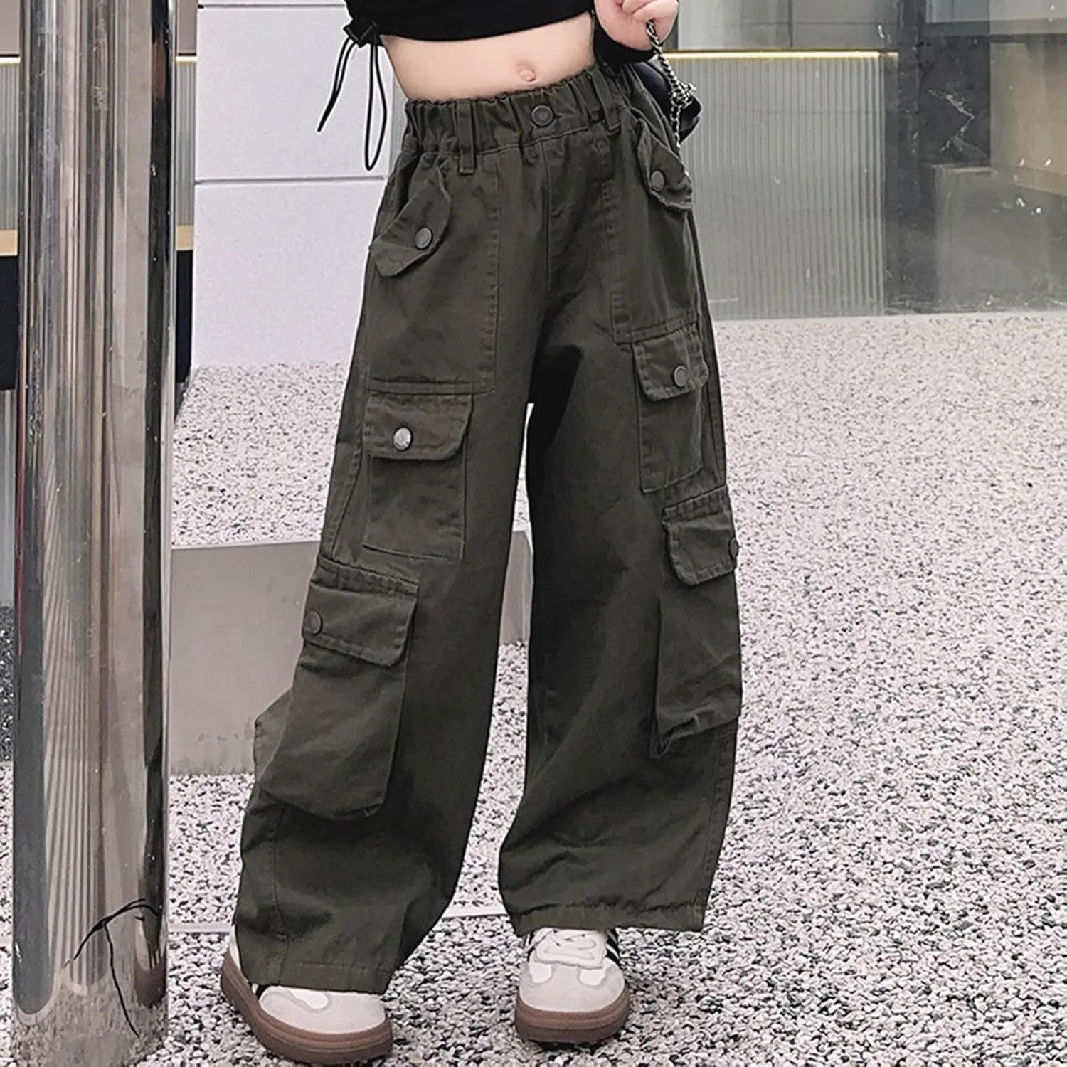 Girls Cargo Long Pants Baggy Wide Leg High Waist Buttons Trousers Kids Multi Pockets Vintage Streetwear Sweatpants