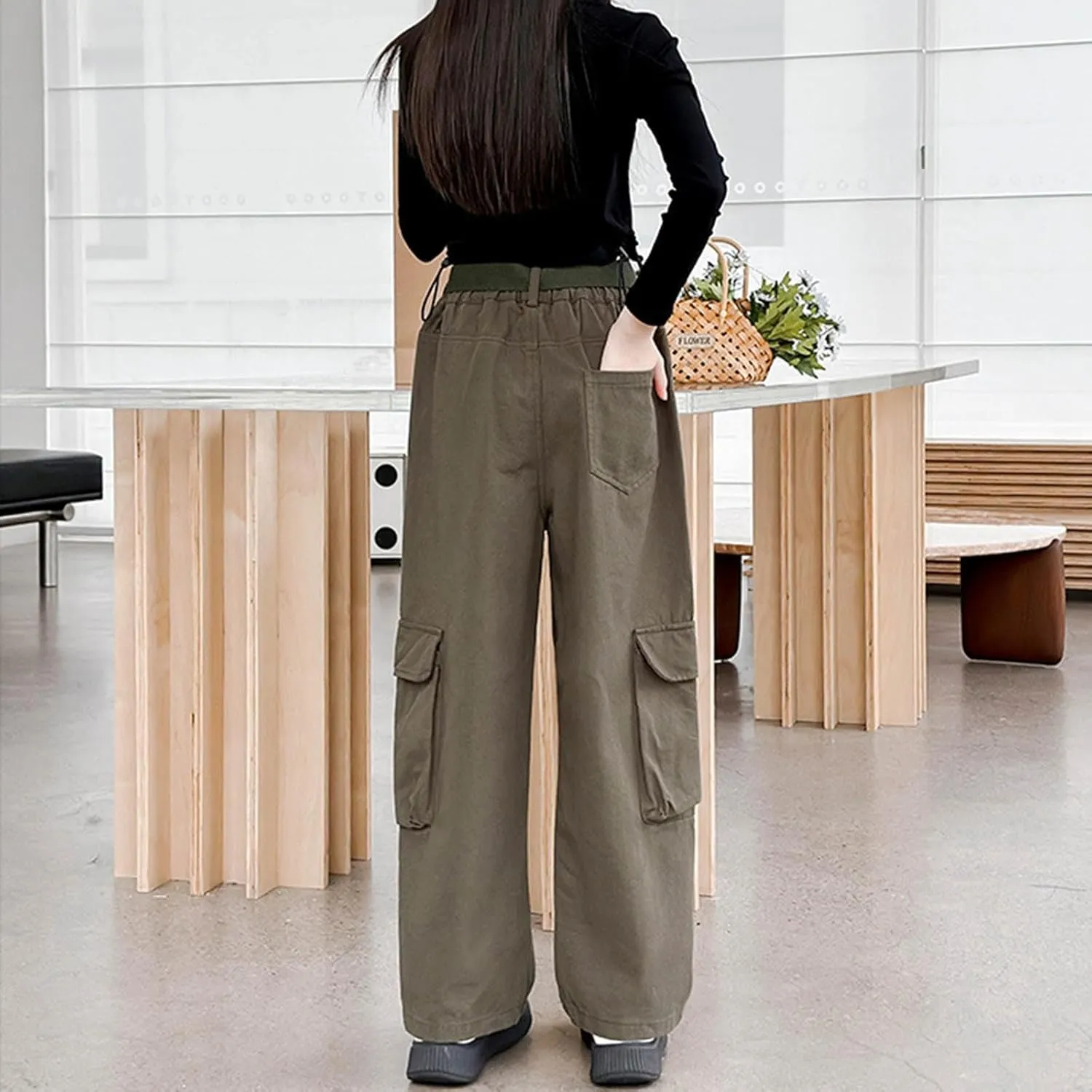 Girls Cargo Long Pants Baggy Wide Leg High Waist Buttons Trousers Kids Multi Pockets Vintage Streetwear Sweatpants
