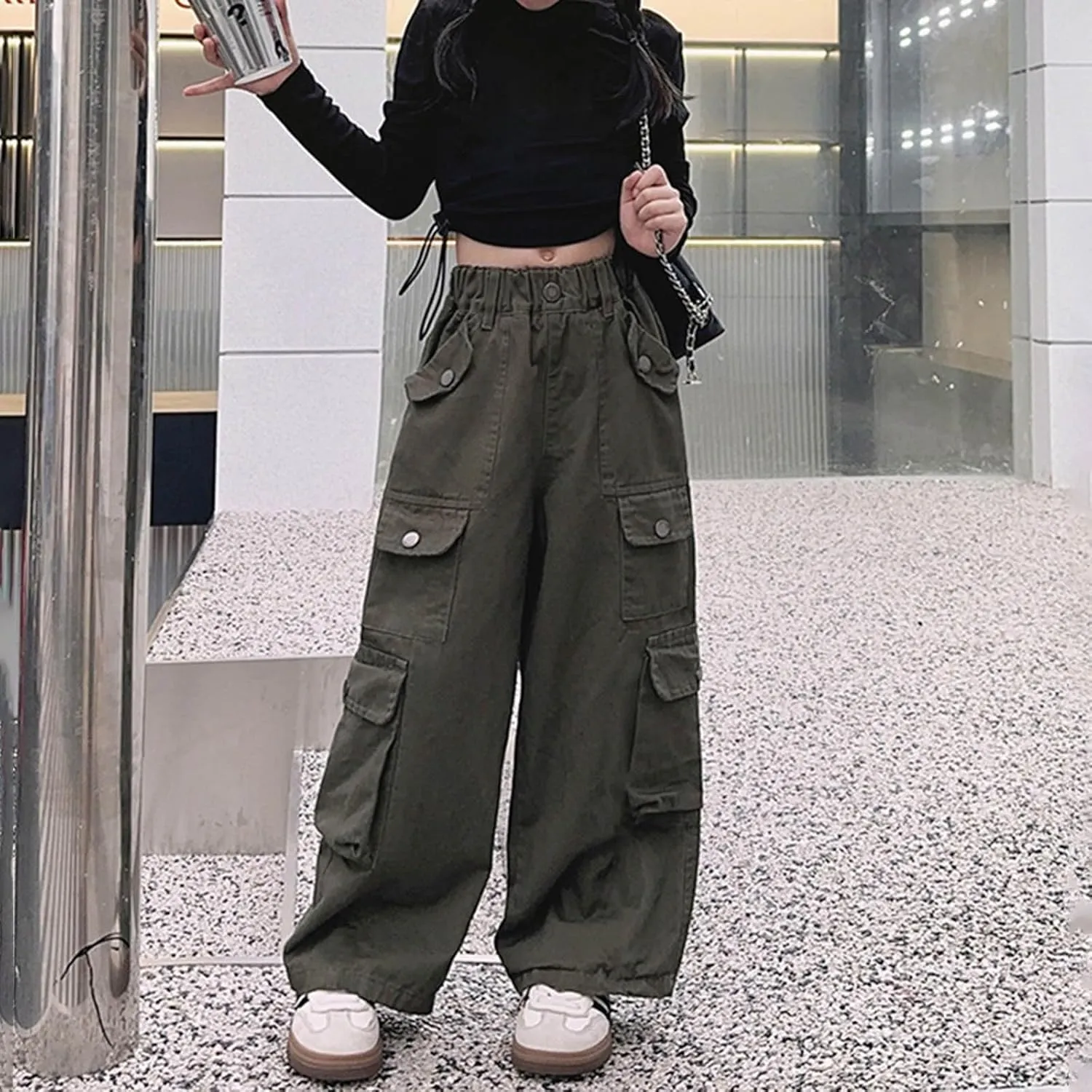 Girls Cargo Long Pants Baggy Wide Leg High Waist Buttons Trousers Kids Multi Pockets Vintage Streetwear Sweatpants