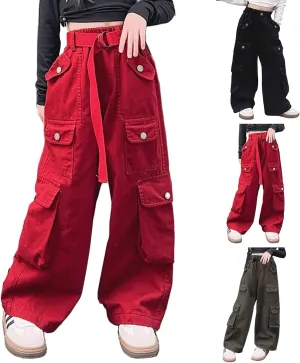 Girls Cargo Long Pants Baggy Wide Leg High Waist Buttons Trousers Kids Multi Pockets Vintage Streetwear Sweatpants