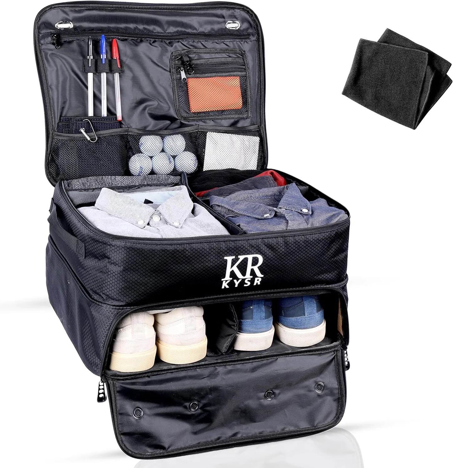 Golf Bag Organizer with Club Cleaner - Customizable Black Trunk Caddy - Durable 900D Nylon - Two Layer Ventilated Organizer With Shoe Compartment - Golf Car Accessory & Gift