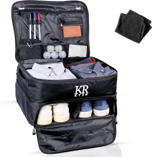 Golf Bag Organizer with Club Cleaner - Customizable Black Trunk Caddy - Durable 900D Nylon - Two Layer Ventilated Organizer With Shoe Compartment - Golf Car Accessory & Gift
