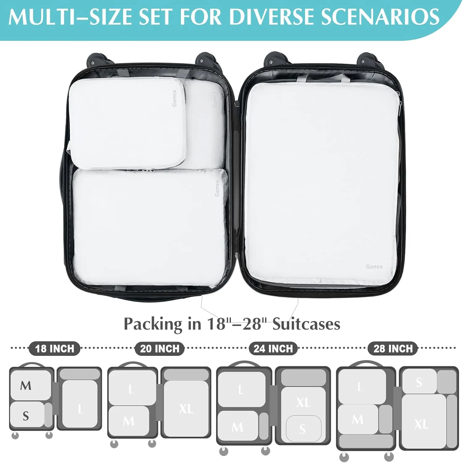 Gonex Compression Packing Cubes, 3pcs/4pcs Expandable Storage Travel Luggage Bags Organizers
