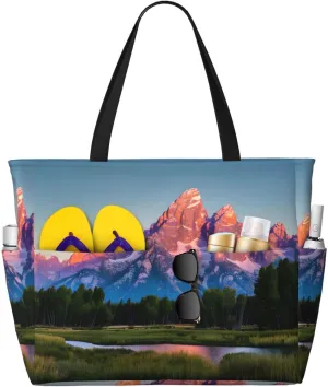 grand teton national park Print Large Capacity Beach Travel Bag with Zipper and Pockets for Camping Travel Gym