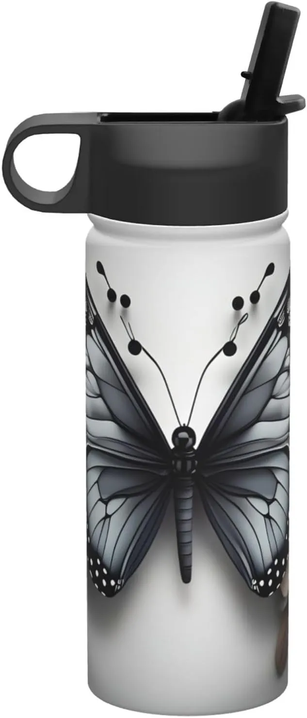 Gray Teal Flower Butterfly Print Flask Stainless Steel Water Bottle with Straw 18OZ FOR Outdoor Gym Commute