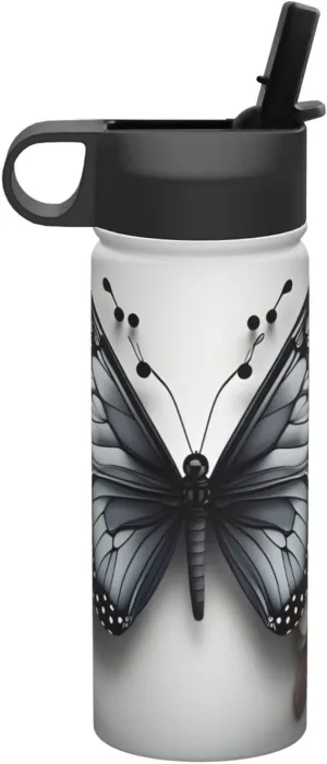 Gray Teal Flower Butterfly Print Flask Stainless Steel Water Bottle with Straw 18OZ FOR Outdoor Gym Commute