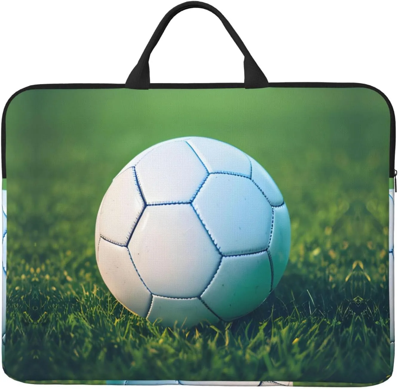 Green Soccer Ball On Grassy 14in Laptop Case Sleeve Bag – Shoulder Messenger Briefcase Carrying Handle and Accessory Pocket