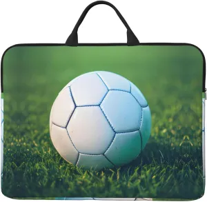 Green Soccer Ball On Grassy 14in Laptop Case Sleeve Bag – Shoulder Messenger Briefcase Carrying Handle and Accessory Pocket