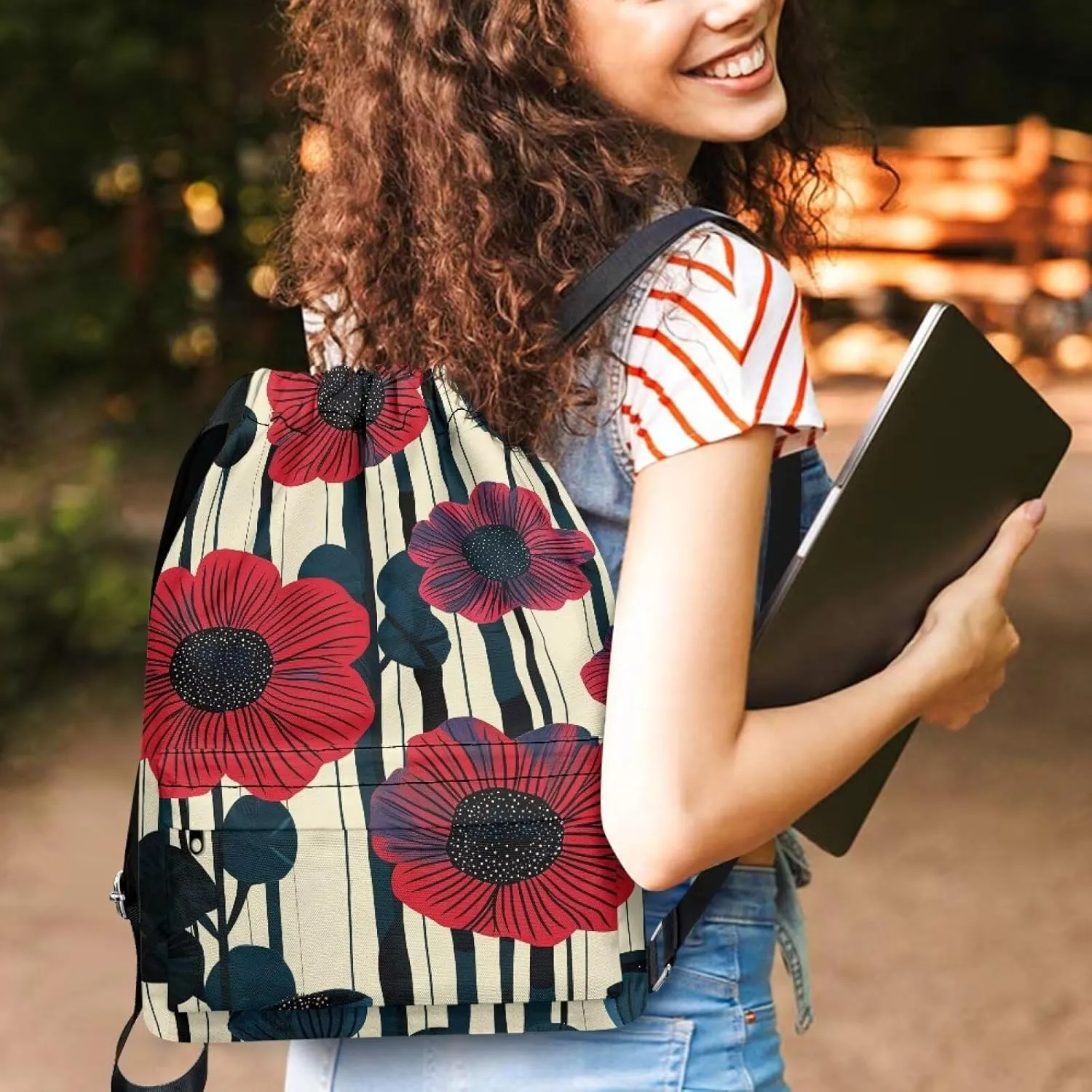 Gym Bag for Women Bright Red Flower Drawstring Backpack with Convenient Compartments Large Capacity Sport Gym Sackpack Suitable for Variety Of Occasions