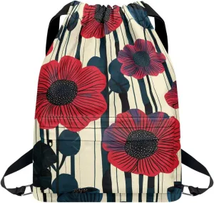 Gym Bag for Women Bright Red Flower Drawstring Backpack with Convenient Compartments Large Capacity Sport Gym Sackpack Suitable for Variety Of Occasions