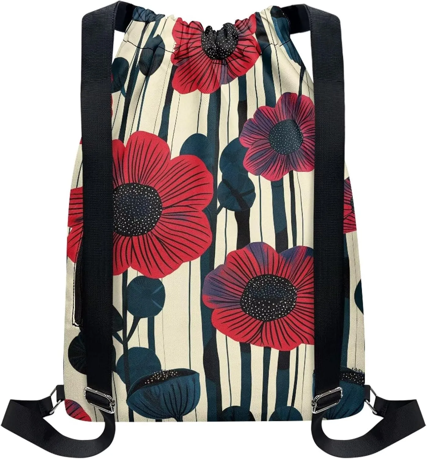 Gym Bag for Women Bright Red Flower Drawstring Backpack with Convenient Compartments Large Capacity Sport Gym Sackpack Suitable for Variety Of Occasions