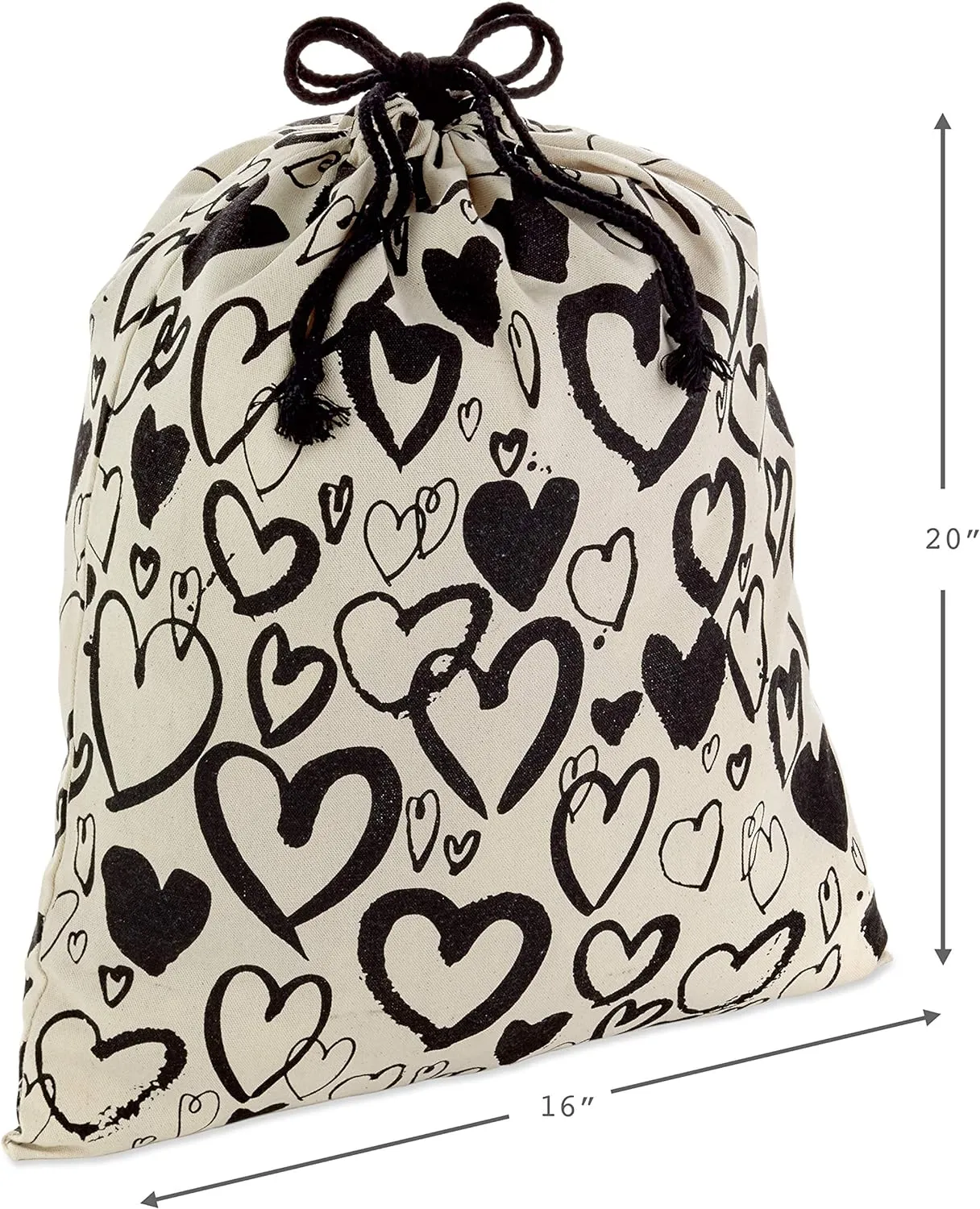 Hallmark 19" Large Canvas Bag with Drawstring (Ivory with Black Hearts) for Valentines Day, Weddings, Bridal Showers, Anniversary and More