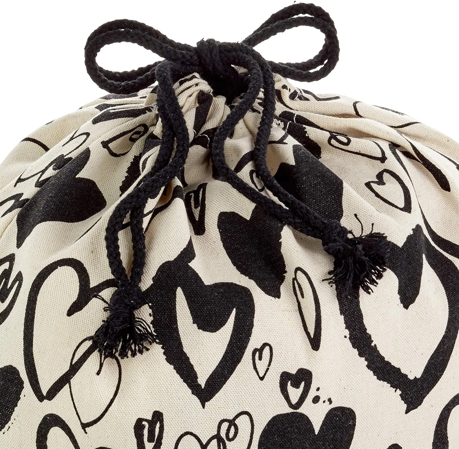 Hallmark 19" Large Canvas Bag with Drawstring (Ivory with Black Hearts) for Valentines Day, Weddings, Bridal Showers, Anniversary and More