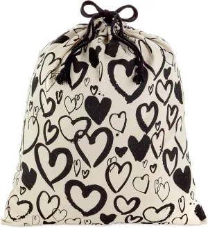 Hallmark 19" Large Canvas Bag with Drawstring (Ivory with Black Hearts) for Valentines Day, Weddings, Bridal Showers, Anniversary and More