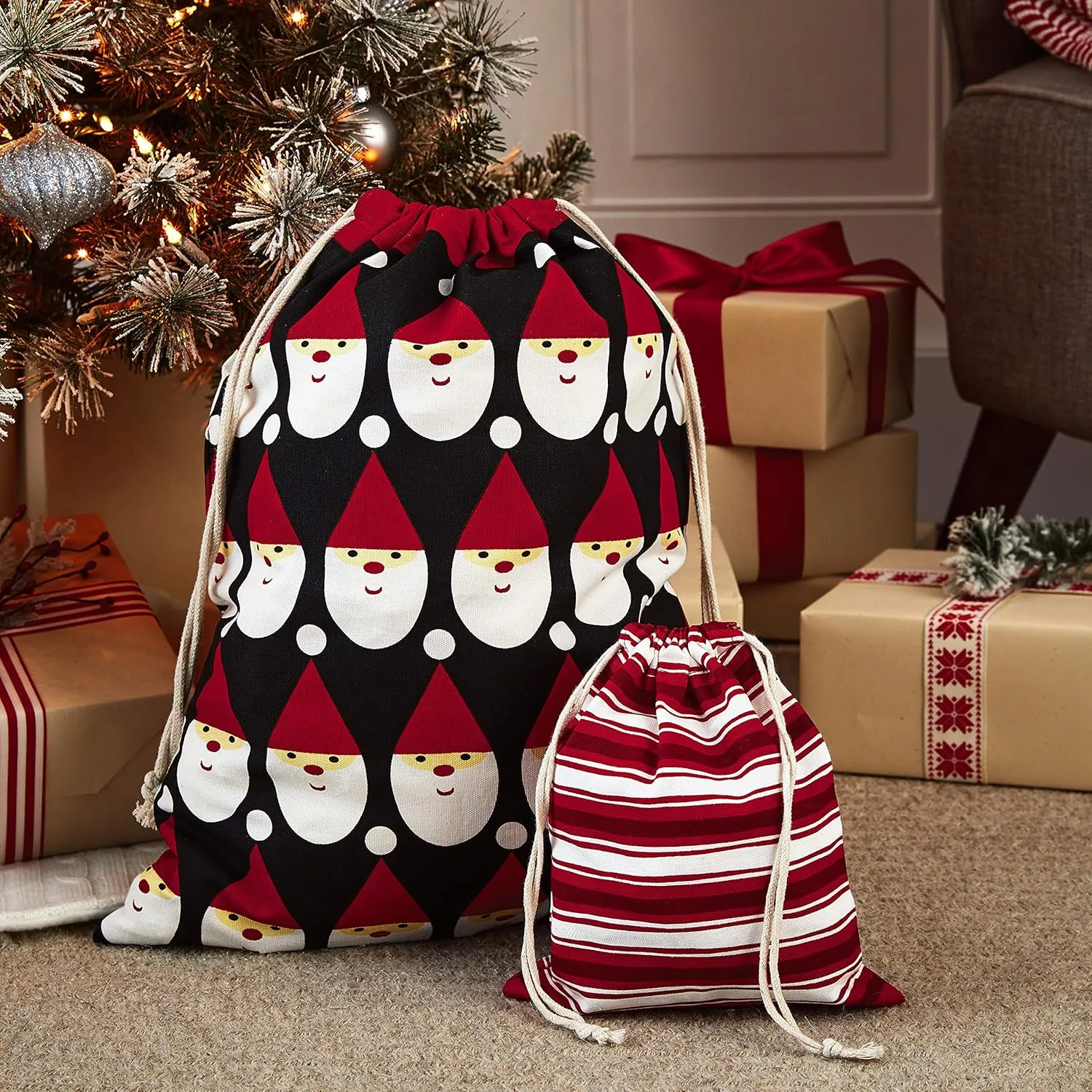 Hallmark Drawstring Christmas Gift Bag Set (2 Fabric Bags with Drawstrings; 1 Medium 10", 1 Extra Large 20") Santa, Red and White Stripe, 5XGB4902