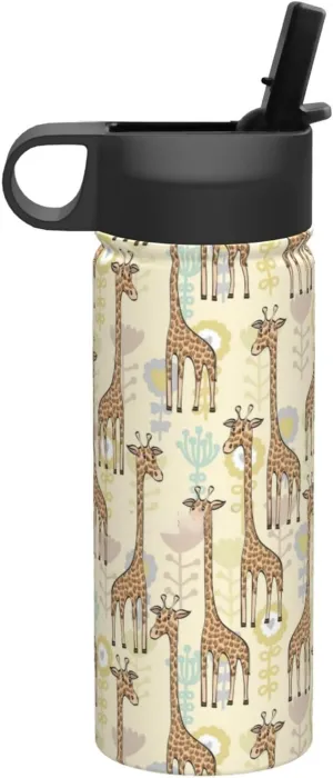 Hand Drawn Giraffes Print Flask Stainless Steel Water Bottle with Straw 18OZ FOR Outdoor Gym Commute