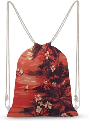 Hawaii Sunset Sailboat Palm Leaves Unisex Backpack Casual Daypacks Canvas Bag for Camping Hiking Travel 35x50cm