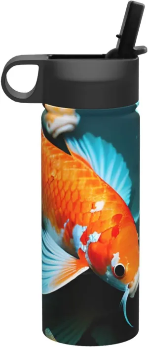 HD Japanese Koi Fish Print Flask Stainless Steel Water Bottle with Straw 18OZ FOR Outdoor Gym Commute