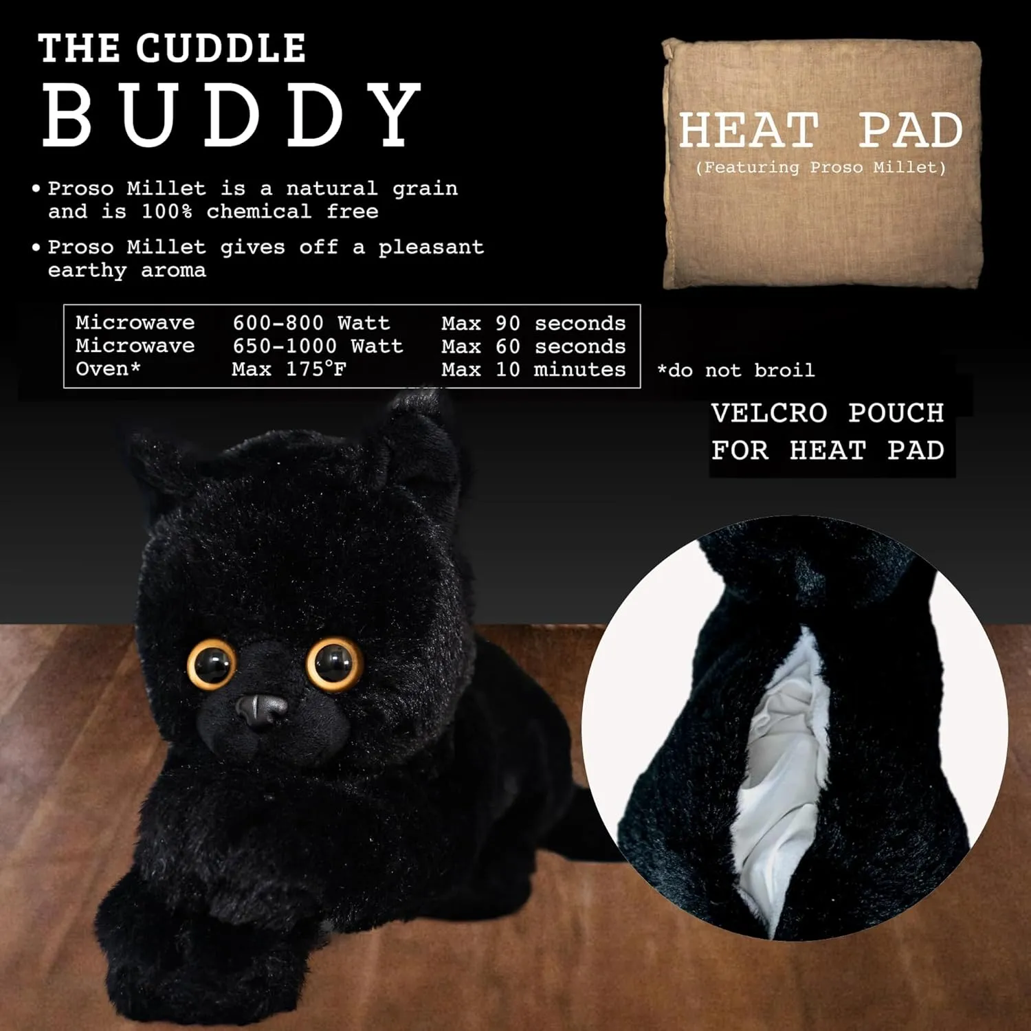 Heating Pad for Cramps - Microwavable Stuffed Animal Heating Pad for Neck and Shoulders - Microwave Heating Pad for Tension, Stress Relief Gift in Canvas Bag (Black Cat)