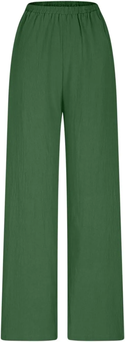 HGps8w Women's Boho Cotton Linen Palazzo Pants Trendy Wide Leg Summer Loose High Waisted Lounge Beach Trousers with Pockets