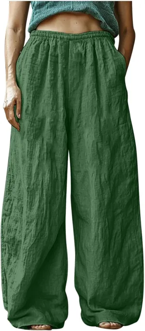 HGps8w Women's Boho Cotton Linen Palazzo Pants Trendy Wide Leg Summer Loose High Waisted Lounge Beach Trousers with Pockets