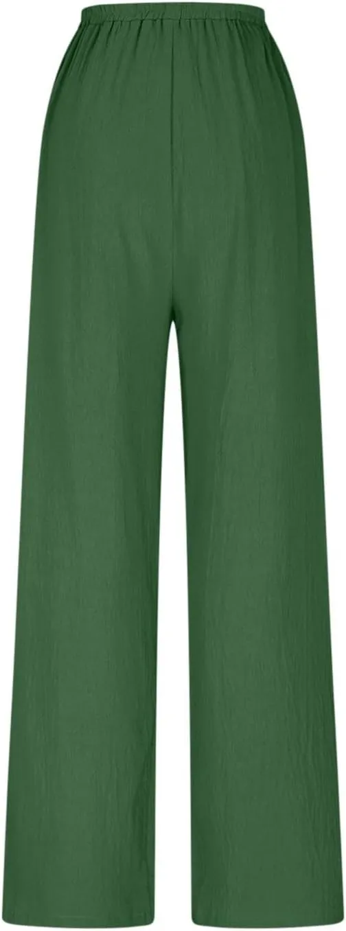 HGps8w Women's Boho Cotton Linen Palazzo Pants Trendy Wide Leg Summer Loose High Waisted Lounge Beach Trousers with Pockets