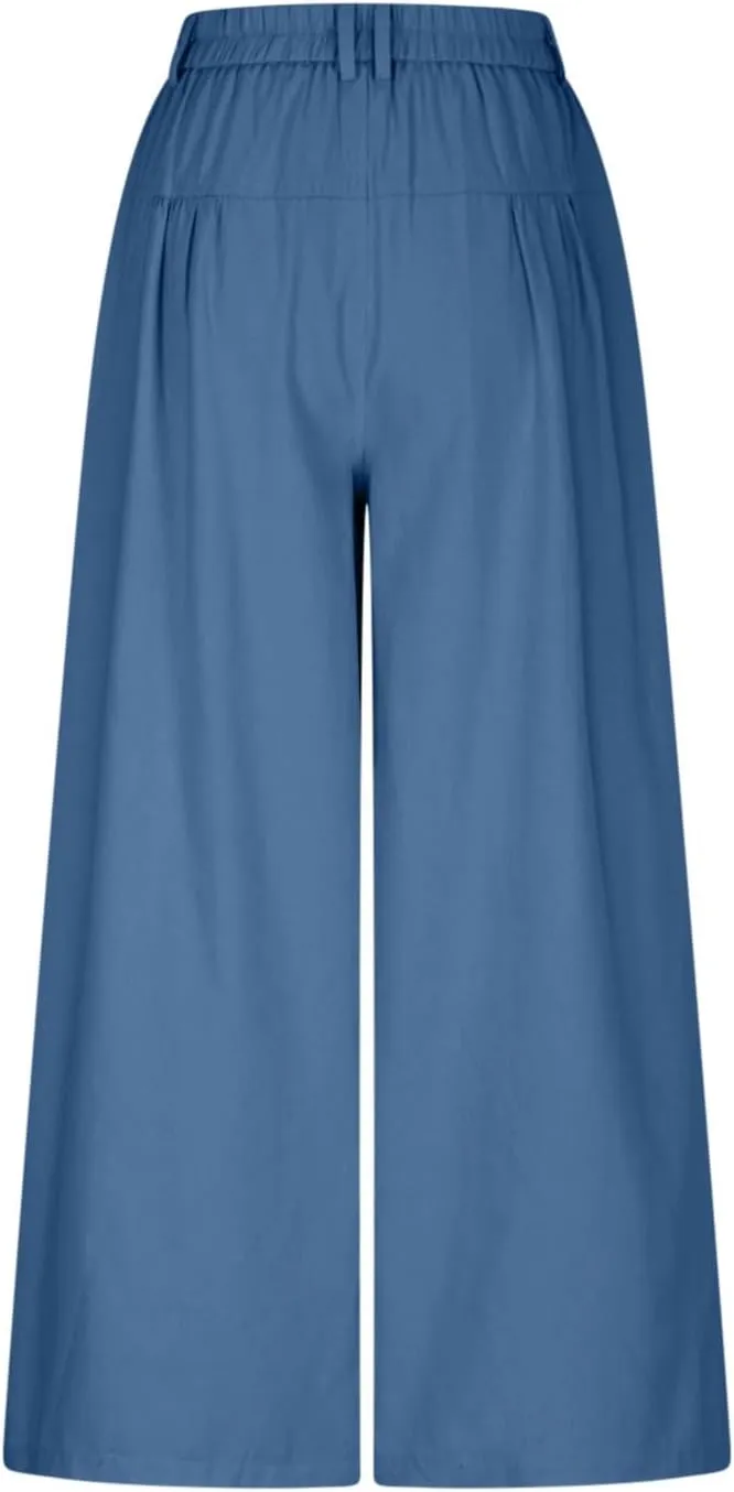 HGps8w Women's Summer Loose Linen Wide Leg Palazzo Pants Trendy Pleated High Waisted Lounge Beach Trousers with Pockets
