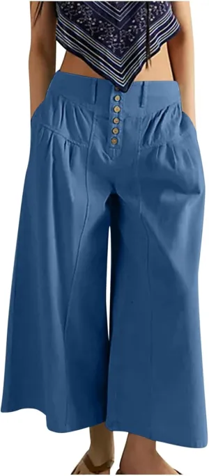 HGps8w Women's Summer Loose Linen Wide Leg Palazzo Pants Trendy Pleated High Waisted Lounge Beach Trousers with Pockets