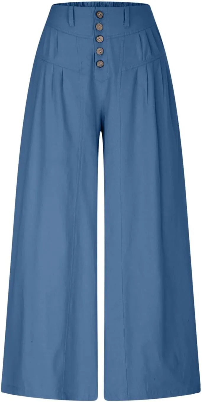 HGps8w Women's Summer Loose Linen Wide Leg Palazzo Pants Trendy Pleated High Waisted Lounge Beach Trousers with Pockets