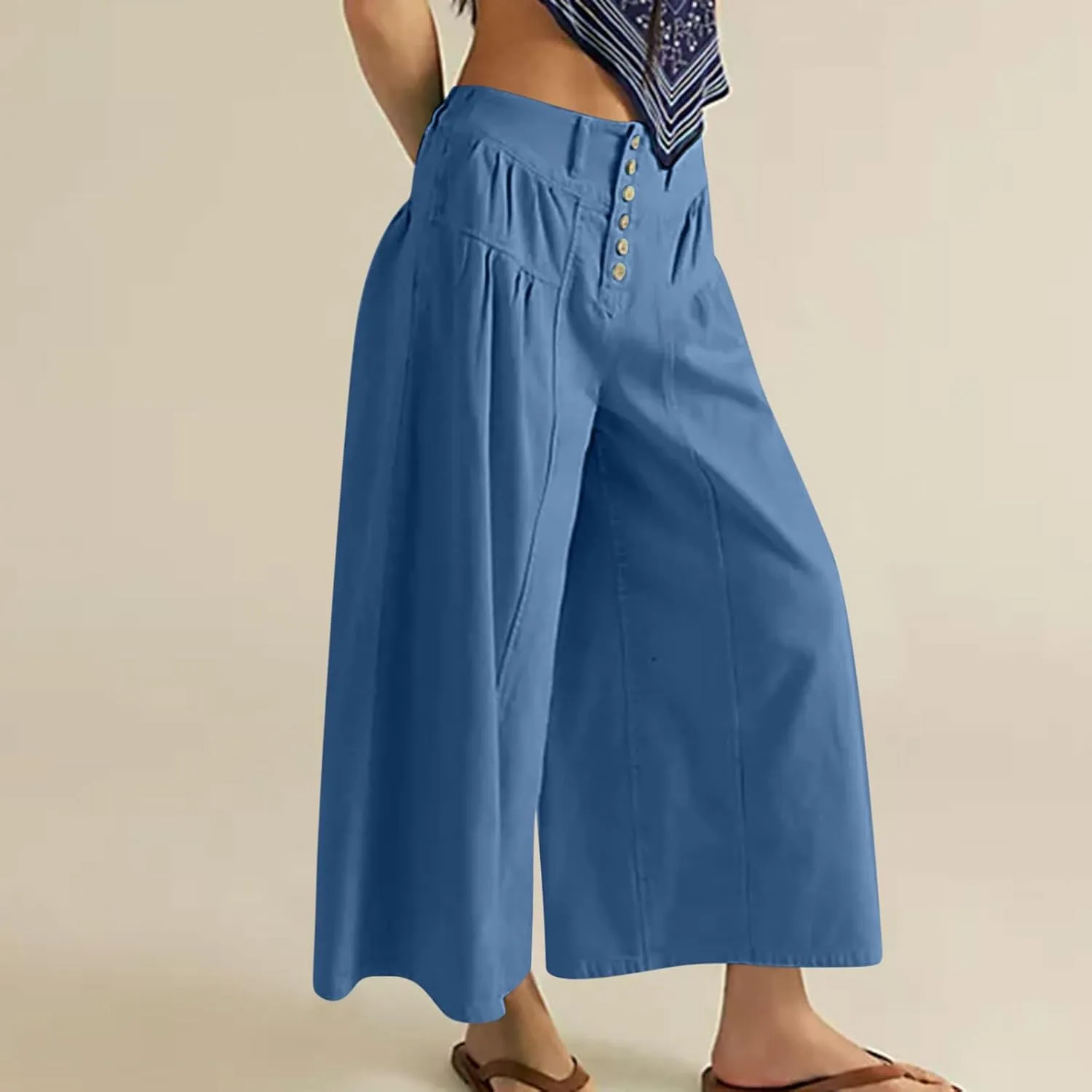 HGps8w Women's Summer Loose Linen Wide Leg Palazzo Pants Trendy Pleated High Waisted Lounge Beach Trousers with Pockets