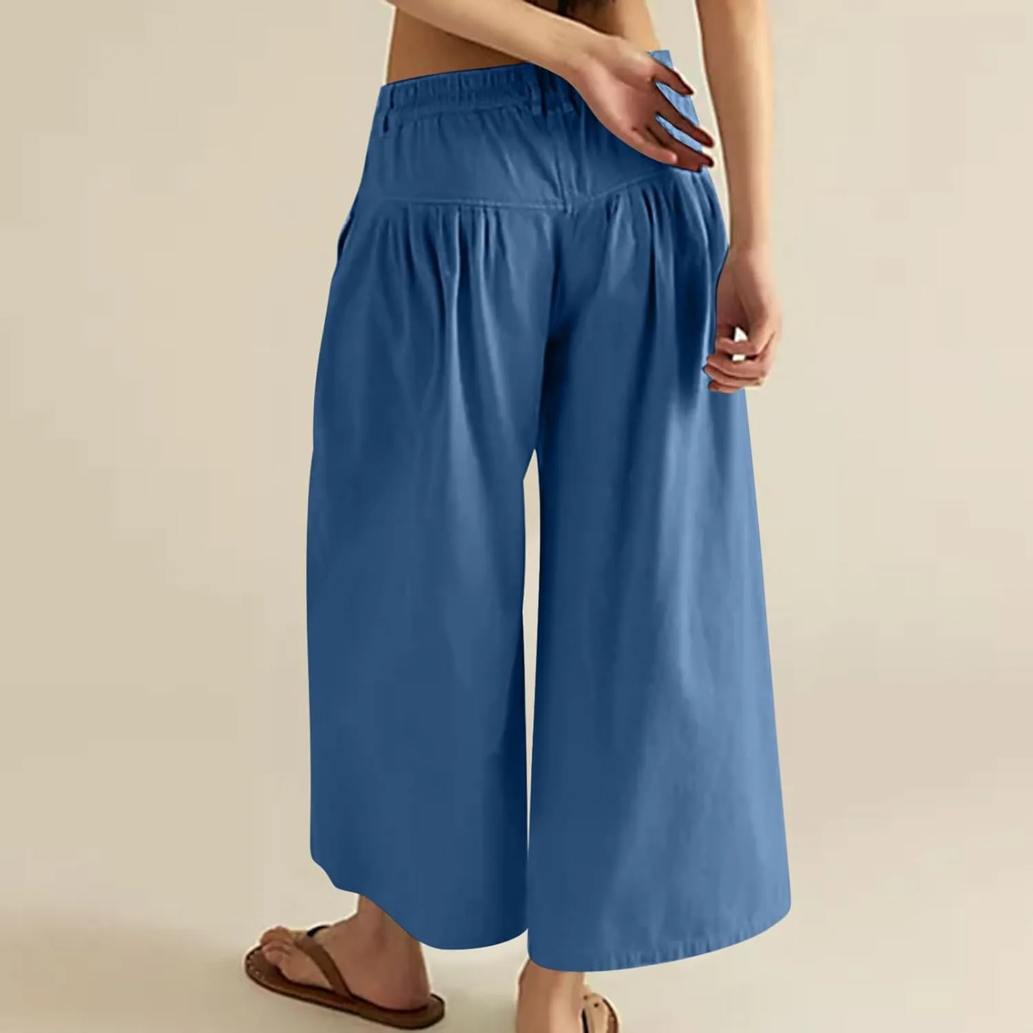 HGps8w Women's Summer Loose Linen Wide Leg Palazzo Pants Trendy Pleated High Waisted Lounge Beach Trousers with Pockets