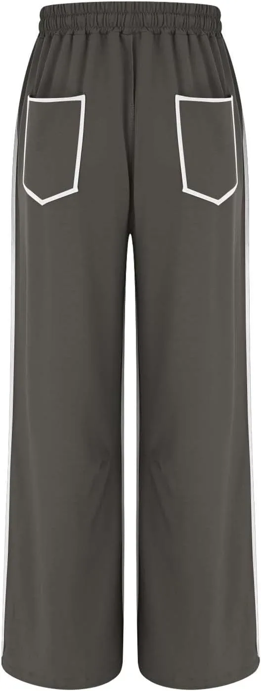 HGps8w Women's Summer Trendy Striped Loose Palazzo Pants Wide Leg Elastic Waist Sweatpants Lounge Trousers with Pockets