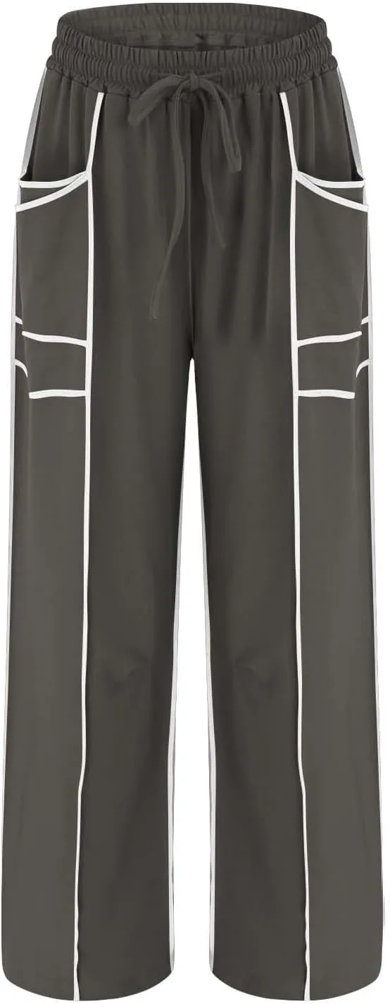 HGps8w Women's Summer Trendy Striped Loose Palazzo Pants Wide Leg Elastic Waist Sweatpants Lounge Trousers with Pockets