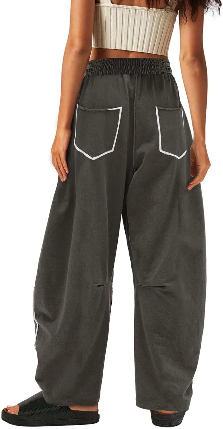 HGps8w Women's Summer Trendy Striped Loose Palazzo Pants Wide Leg Elastic Waist Sweatpants Lounge Trousers with Pockets