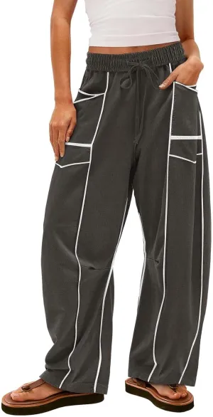 HGps8w Women's Summer Trendy Striped Loose Palazzo Pants Wide Leg Elastic Waist Sweatpants Lounge Trousers with Pockets