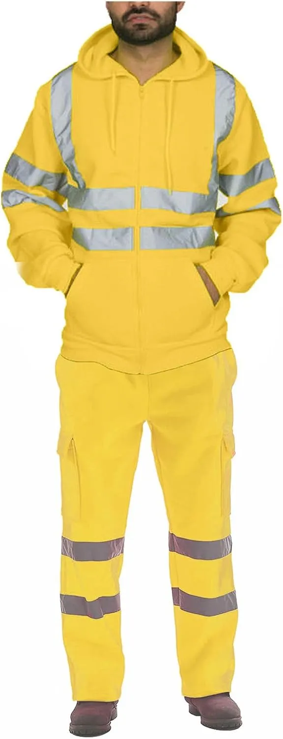 High Visibility Safety Sweatshirt for Men - Class 3 Reflective 2 Piece Sets with Hi-Vis Safety Pants