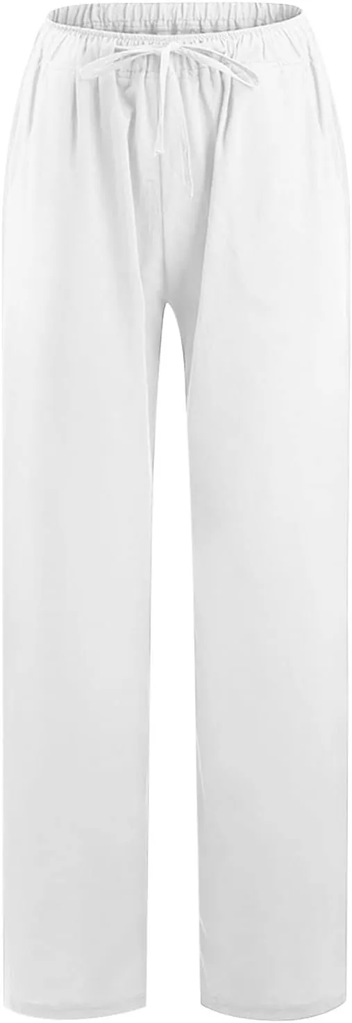hlysgo Women's Summer Drawstring Waist Wide Leg Casual Pants 2024 Loose Cotton Linen Palazzo Pants Trousers with Pockets