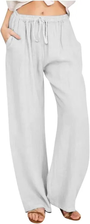 hlysgo Women's Summer Drawstring Waist Wide Leg Casual Pants 2024 Loose Cotton Linen Palazzo Pants Trousers with Pockets