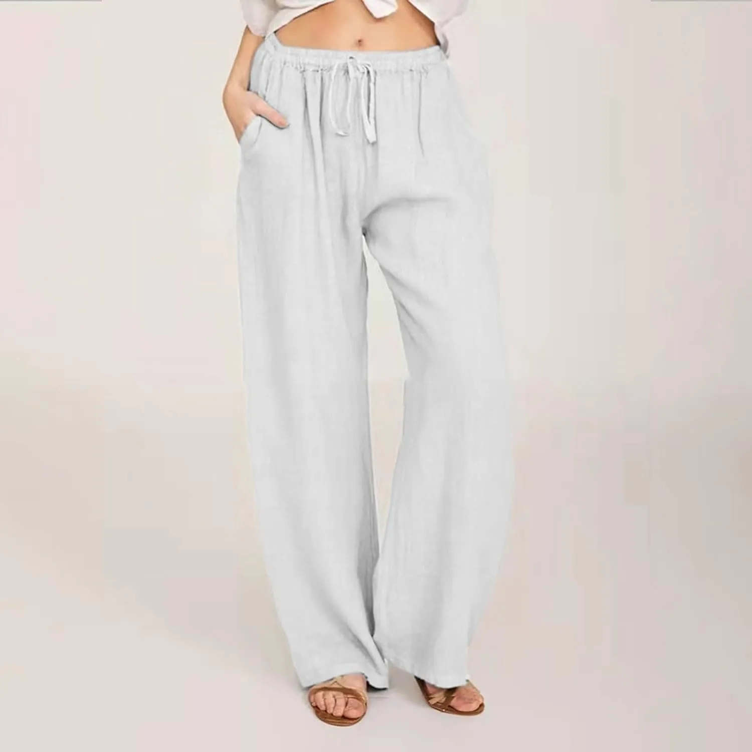 hlysgo Women's Summer Drawstring Waist Wide Leg Casual Pants 2024 Loose Cotton Linen Palazzo Pants Trousers with Pockets