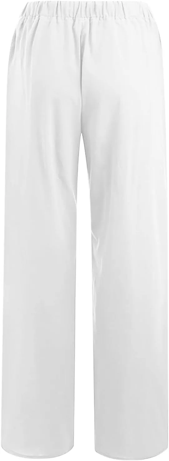 hlysgo Women's Summer Drawstring Waist Wide Leg Casual Pants 2024 Loose Cotton Linen Palazzo Pants Trousers with Pockets