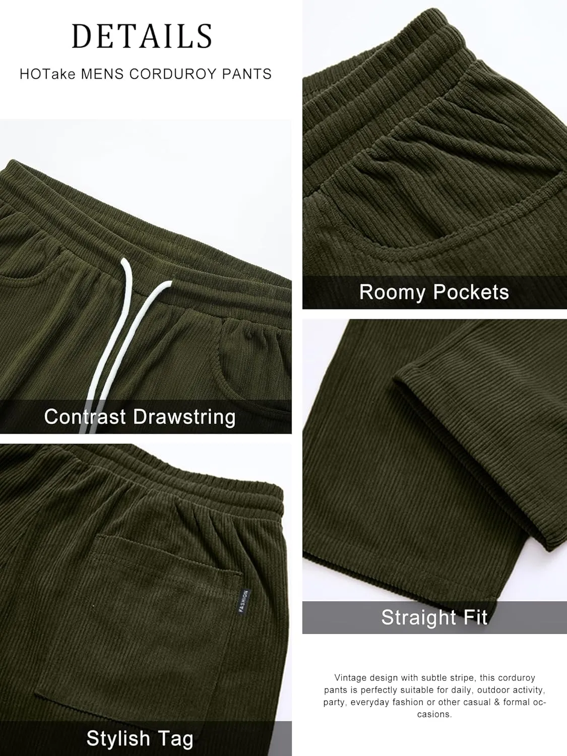 HOTake Men's Casual Corduroy Pants Elastic Waist Drawstring Baggy Sweatpants Loose Fit