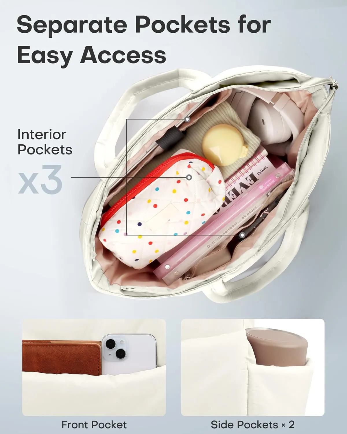 HOTOR Puffer Tote Bag for Women, Nurses - Multi-Pocket Lightweight Bag for Work - Quilted Handbag for Travel and Gym