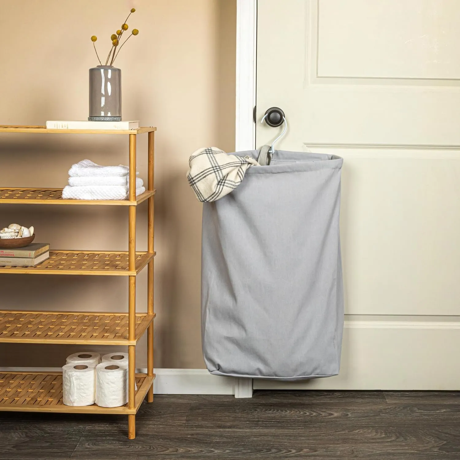 Household Essentials Door Hanging Laundry Bag, Washable Canvas Bag with Loop Handle, Holds Two Loads of Laundry, Great for Dorms and Small Spaces, Grey